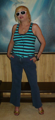 Jeans,Striped Button Down Shirt,Gold Heels.Sun Glasses