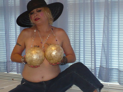 Jeans,Fancy Hat,Gold Balls,Topless,Bare Feet
