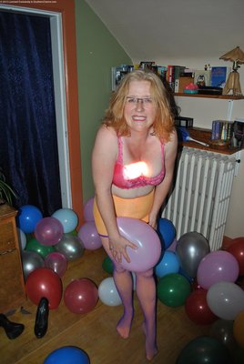 update 134: pink full balloon, pink bra, orange tights with purple fishnet thigh highs